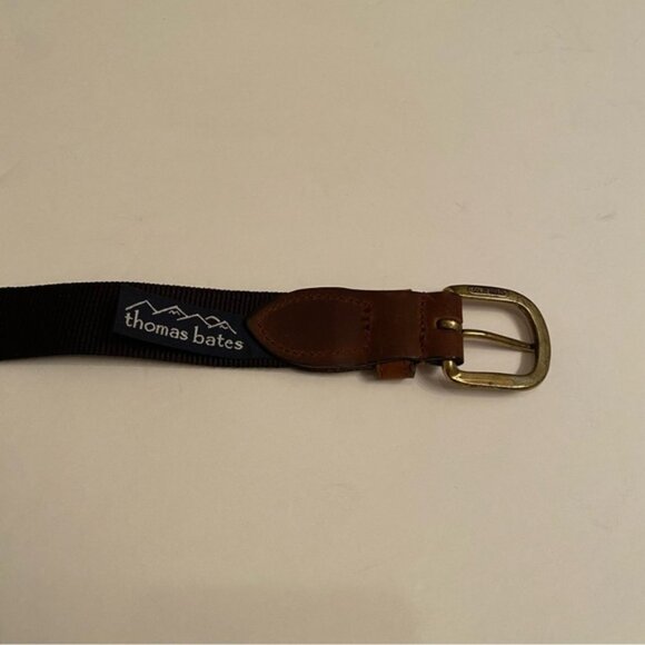 THOMAS BATES BELT BLUE FABRIC GREEN PALM TREES BROWN LEATHER BRASS BUCKLE 38 USA - Picture 9 of 11